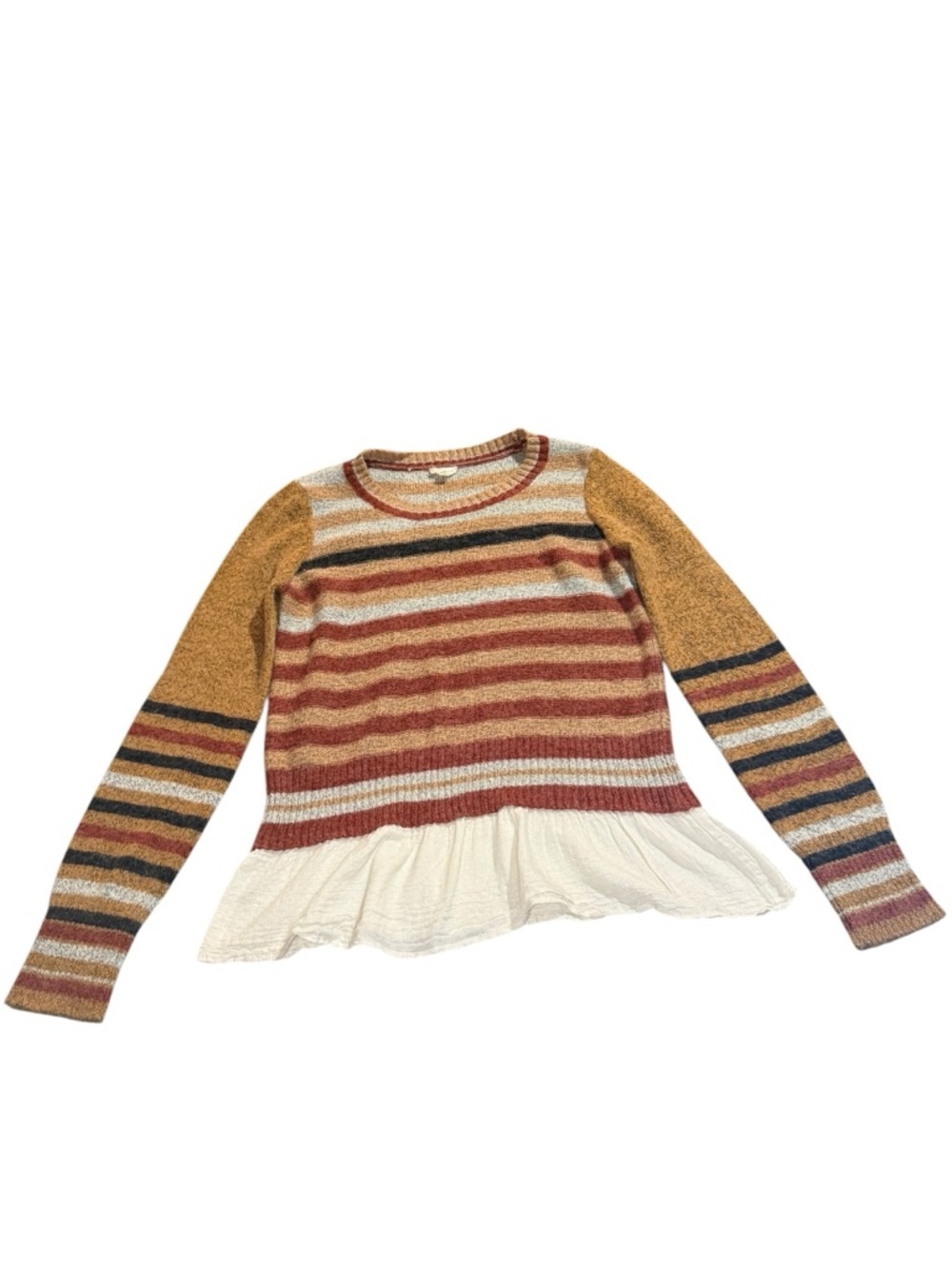Hem & Thread Large Mustard Rust White Striped Peplum Sweater Top Boho Fall Cozy - Picture 8 of 8